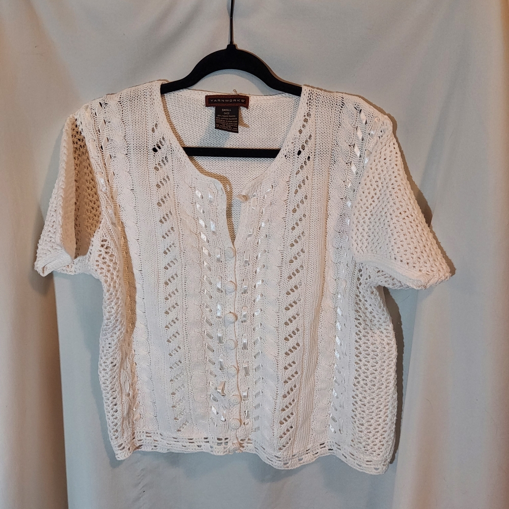 Cottagecore Cotton-blend White Knit Button-Down Short-sleeved Cardigan